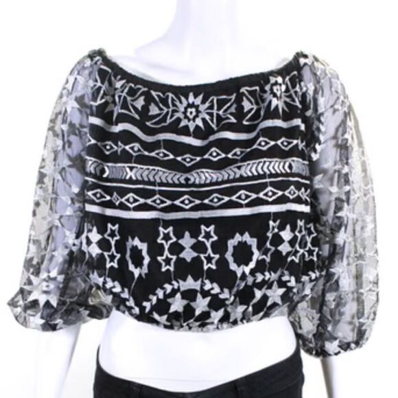 Jen's Pirate Booty Embroidered Long Sleeve Metallic Silver Off Shouder Top Boho - Picture 1 of 5